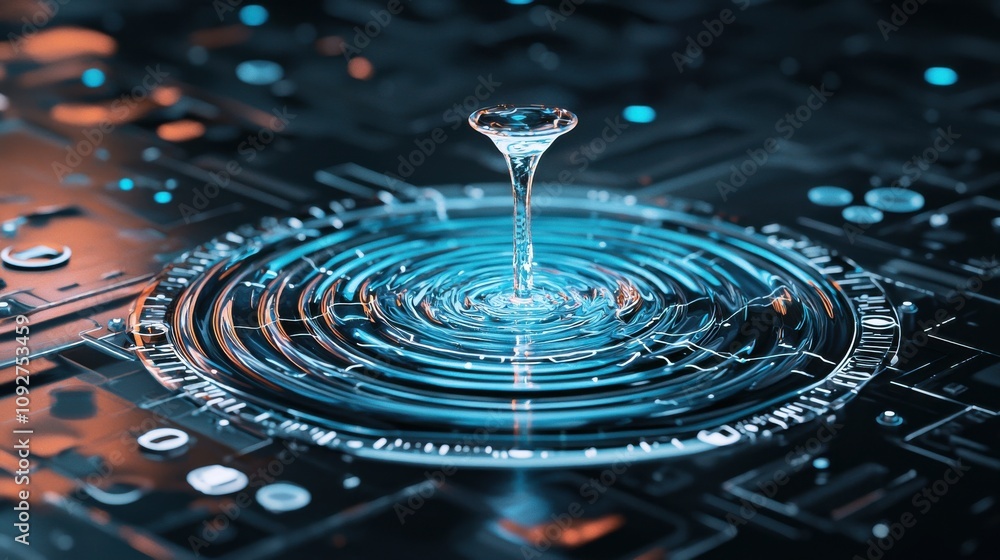 Poster captivating water droplet splash creating fluid ripple and abstract circular pattern design