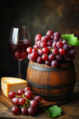 Fototapeta premium A glass of red wine and a bunch of grapes next to a barrel of cheese