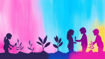 Children Planting Trees Silhouettes on Vibrant Gradient Background - Environmental Conservation Concept