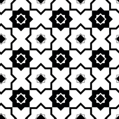 Abstract geometric pattern with crosses, stripes, lines. Seamless vector background. White and black ornament. Modern reticulated graphic design.