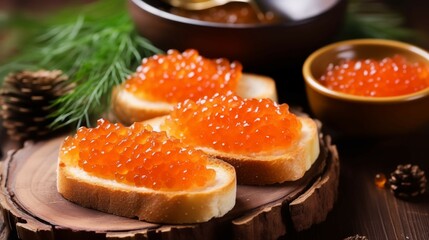 Festive Appetizer with Red Caviar on Toasted Bread