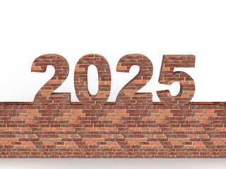 Brick New Year 2025 set on a stone wall in front. Post idea for a construction company. 3d rendering