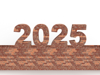 Brick New Year 2025 set on a stone wall in front. Post idea for a construction company. 3d rendering