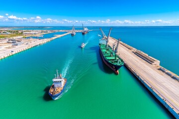 Aerial view of a busy harbor with ships, boats, and cranes, surrounded by calm blue waters