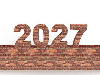 Brick New Year 2027 set on a stone wall in front. Post idea for a construction company. 3d rendering