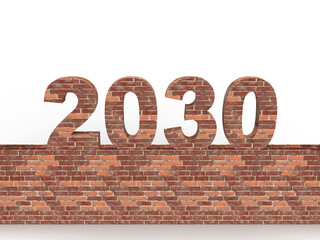 Brick New Year 2030 set on a stone wall in front. Post idea for a construction company. 3d rendering