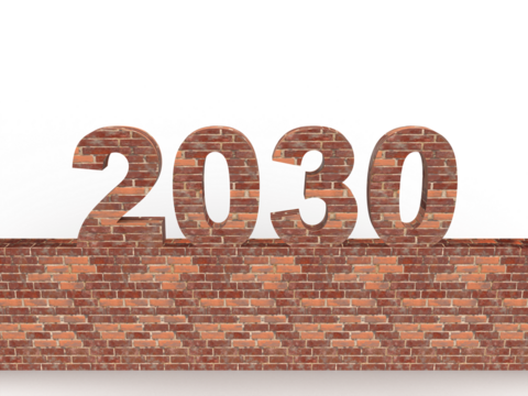 Brick New Year 2030 set on a stone wall in front. Post idea for a construction company. 3d rendering