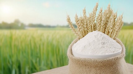 Sack of Fresh Wheat Flour and Ears in Scenic Field Background