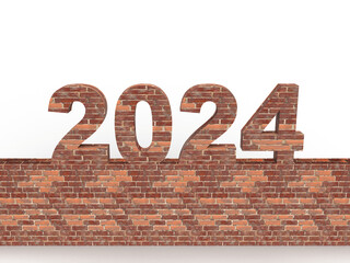 Brick New Year 2024 set on a stone wall in front. Post idea for a construction company. 3d rendering