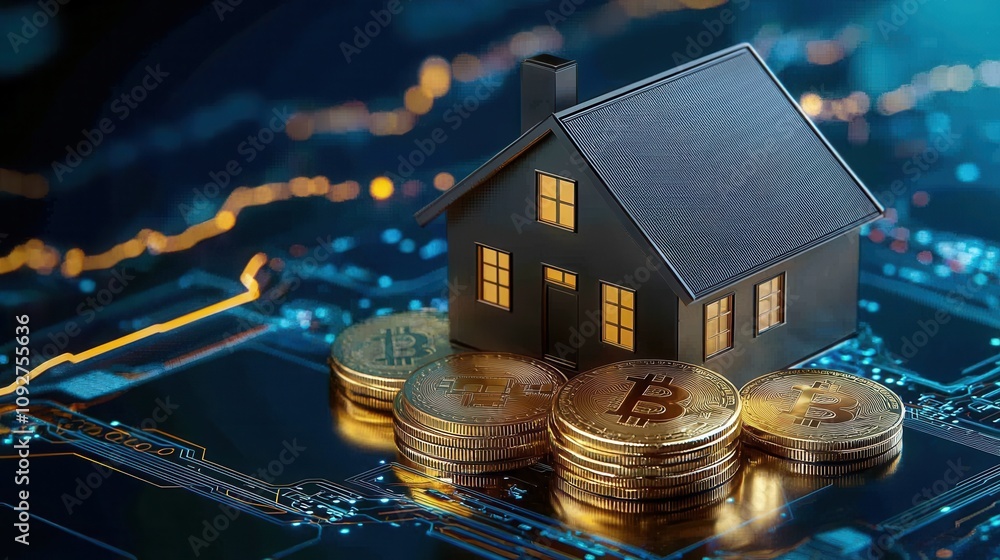 Aufkleber concept of cryptocurrency and digital finance with house and bitcoins on computer circuit board