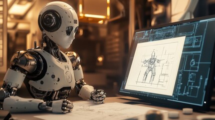 Fototapeta premium Advanced robot engineer designing blueprint of humanoid robot in futuristic laboratory.