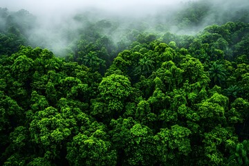 Lush Rainforest Canopy  Foggy Green Jungle  Aerial View  Nature Background