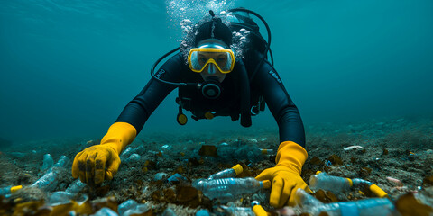 Professional scuba diver wearing yellow gloves collecting plastic bottles from polluted seabed, highlighting environmental pollution and ocean cleanup efforts