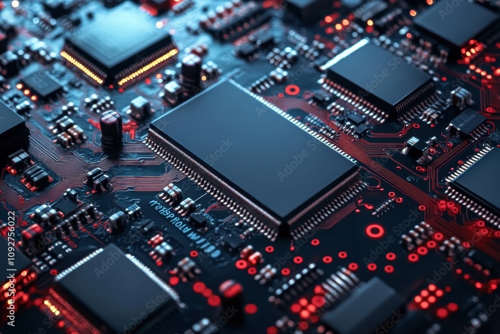 Poster circuit board with intricate red lighting and multiple microchips at a close range