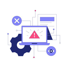 Computer With Warning Symbol In Flat Vector Illustration Symbolizing System Error, Security Issue, And Technology Problem, Isolated On White Background