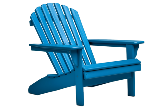 Blue Adirondack wooden beach patio chair isolated on a white background. Transparent.