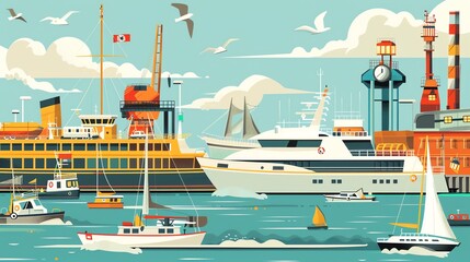 Fototapeta premium A vibrant illustration of a harbor scene with boats and seagulls.