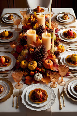 Table setting for thanksgiving laid out with fall foliage and candles and pumpkins.