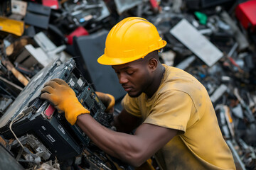 African technician promotes environmental sustainability and responsible recycling practices while sorting electronic waste in a junkyard