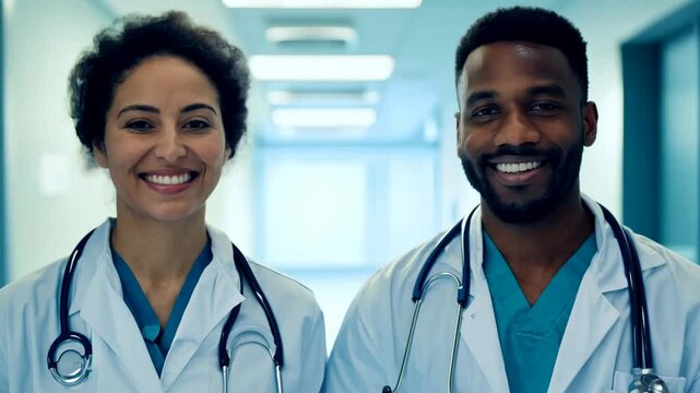 Two smiling doctors in a hospital corridor. In the hospital corridor, two dedicated doctors remind us that smiles can heal, fostering a sense of community.