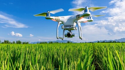 Naklejka premium Drone Hovering Over Lush Green Meadow With Blue Sky And Clouds