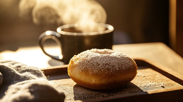A warm, inviting scene featuring a powdered donut beside a steaming cup of coffee on a wooden tray, capturing a cozy moment.