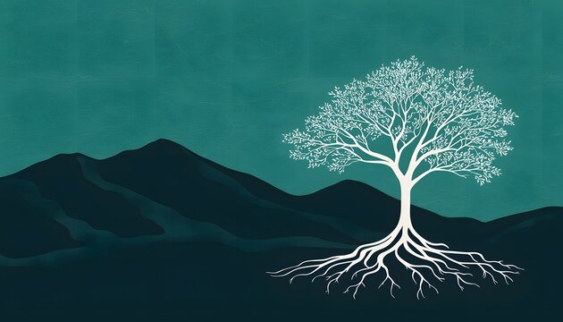 Serene Landscape  White Tree  Teal Mountains  Deep Roots  Nature Art