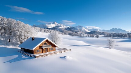 Serene Cabin at the Edge of a Snowy Field