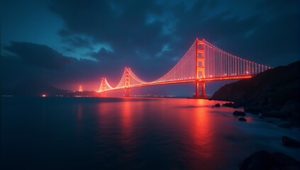 Fototapeta premium An abstract digital illustration of a glowing bridge connecting two continents over water, symbolizing unity and collaboration.