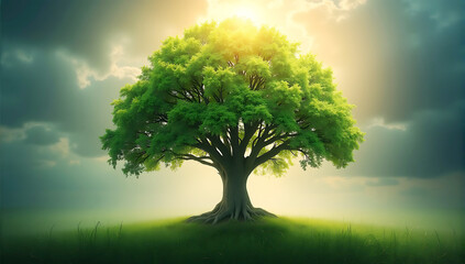 An artistic representation of a tree whose canopy forms a glowing globe, symbolizing environmental sustainability and global unity.