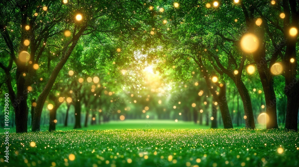 Poster A serene forest path illuminated by soft light, creating a magical atmosphere.