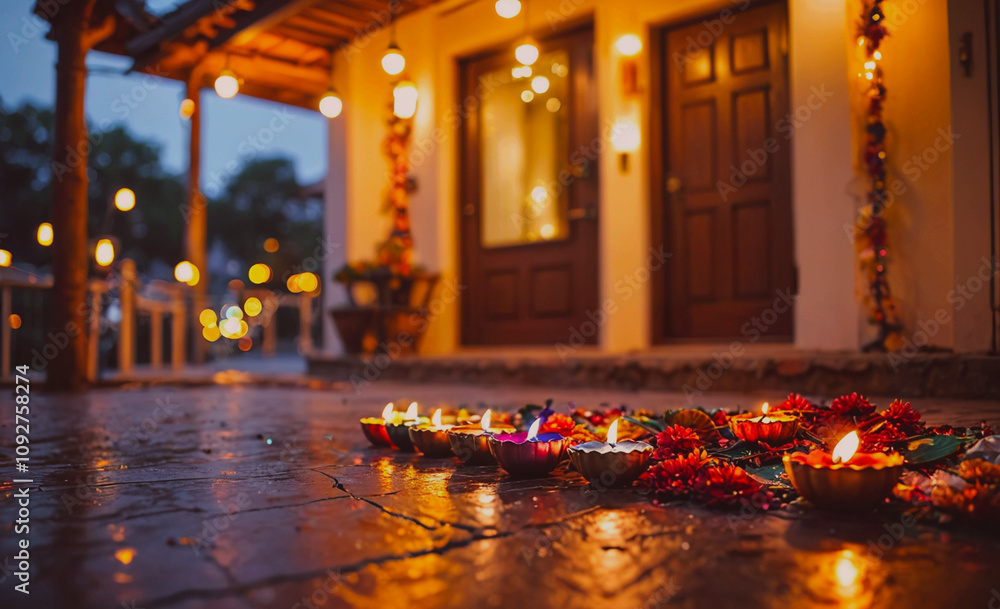 Poster row of candles are lit on a sidewalk. the candles are in small bowls and are arranged in a line