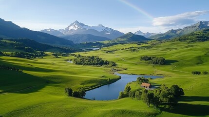Tranquil Valley with Rainbow Over Green Landscape