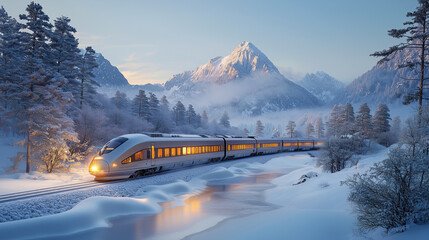 A modern luxurious silver train winding through a pristine snowy mountain landscape along the river under a pale blue sky.