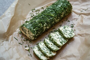 Goat Cheese Log with Herbs: A goat cheese log coated in chopped fresh herbs