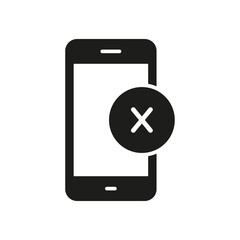 Mobile Phone with Cross Sign Silhouette Icon. Error or Cancel Action on Smartphone Glyph Symbol. Device Error or Shutdown Notification. Isolated Vector Illustration