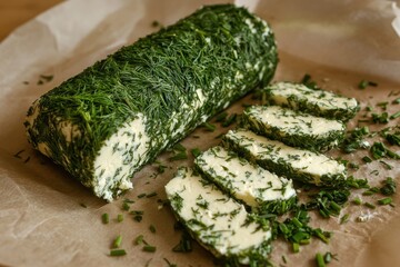 Goat Cheese Log with Herbs: A goat cheese log coated in chopped fresh herbs