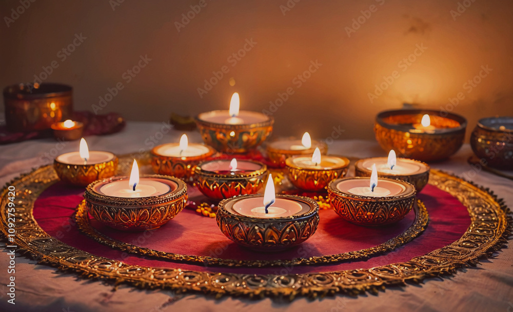 Poster table with a red cloth and a bunch of candles. the candles are lit and are arranged in a circle