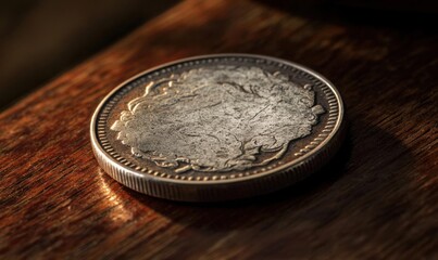 A close-up of a coin resting on a wooden surface, highlighting texture.