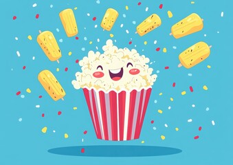 National Popcorn Day. retro design with the word "popcorn" on a blue background, a cute popcorn in a red striped bucket, and yellow corn popsicles flying around it. cinema poster or movie theater