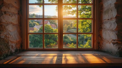 Sunlight brightens the wooden ledge and unveils a colorful landscape outside the window