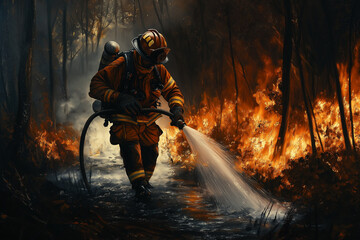 Firefighter battling a forest blaze in challenging conditions under smoky skies. Generative AI