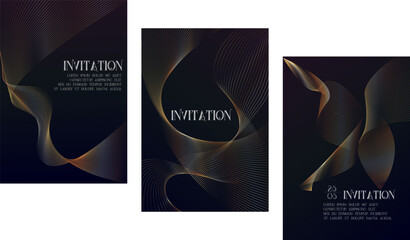 Elegant golden waves  Luxury invitation card background. Premium geometric shape, gold line gradient on dark. Rich design for gala card, grand opening, party invitation, layout, templates.