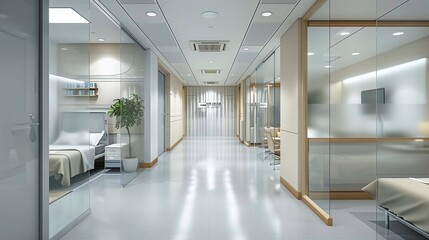 Fototapeta premium Bright corridor in a polyclinic with patient rooms and comfy consultation areas