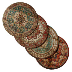 Four different colored rugs are stacked on top of each other