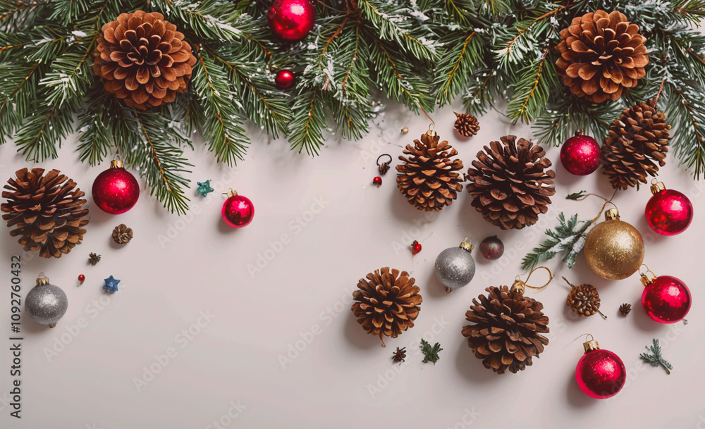 Poster White background with a red and green Christmas tree. The tree has many pine cones and red and gold ornaments
