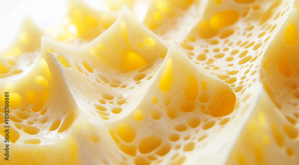 Poster close-up view reveals intricate detail of a porous substance resembling a network of interconnected 