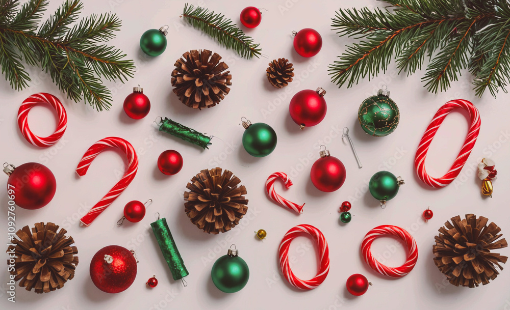 Poster bunch of christmas ornaments are scattered on a white background. there are many different types of 