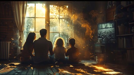 Obraz premium Family gathers in a cozy room, enjoying the sunset and joyful moments together