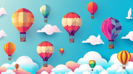 A cartoon illustration of hot air balloons floating in the sky.